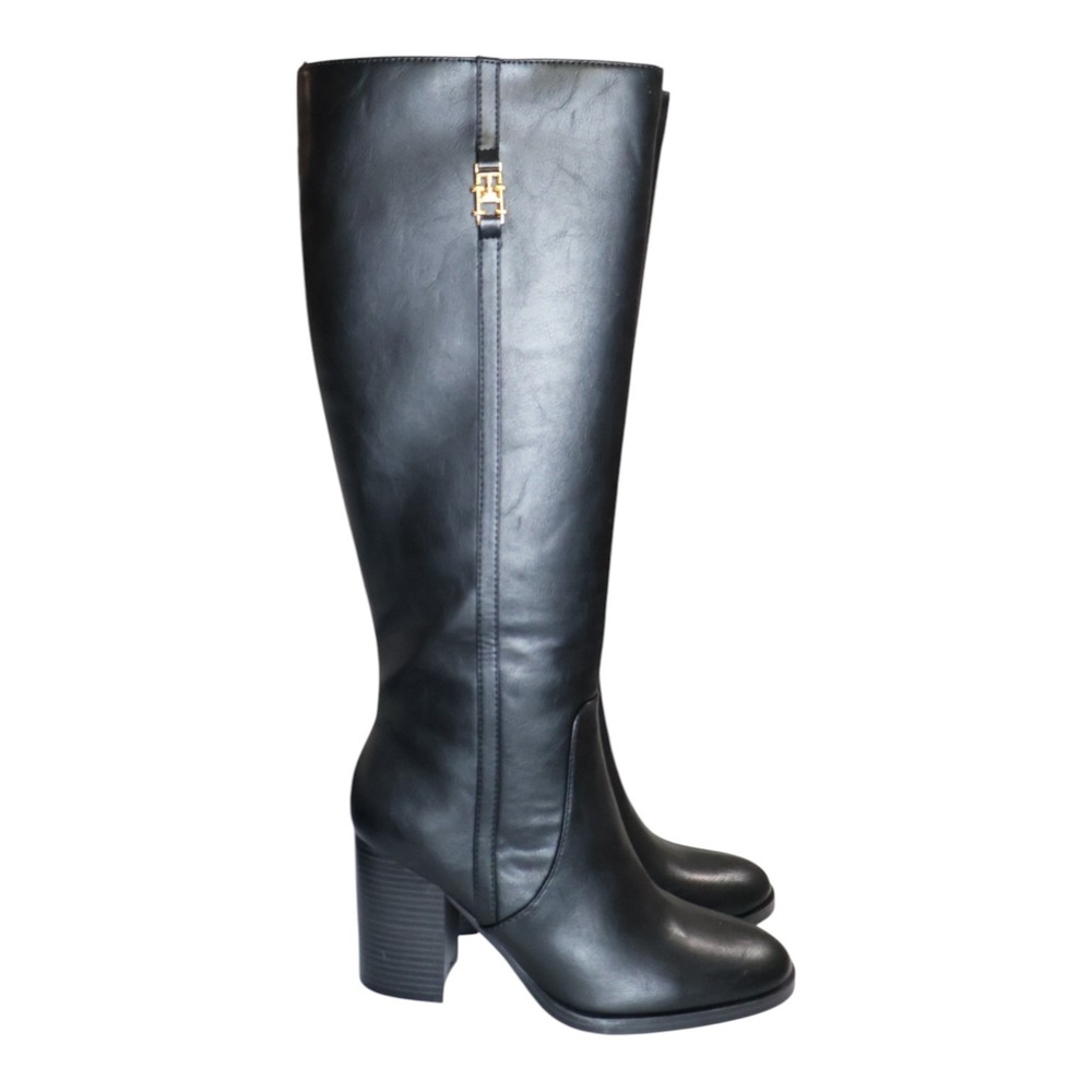 Black Tall Knee High Block Heel Boots Side Zip Logo Tommy Hilfiger Ursy 8 M